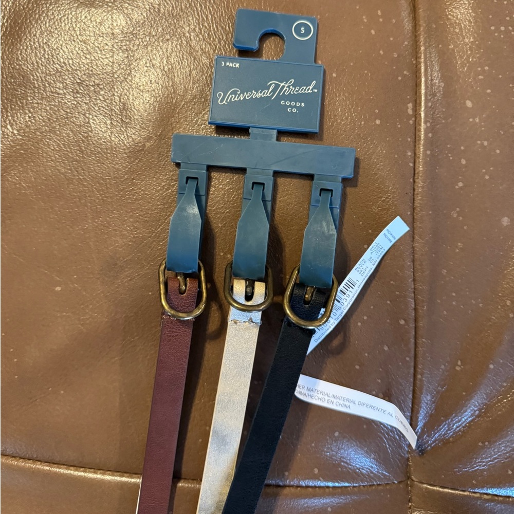 NWT 3 skinny belts. Womens sz S. Universal Threads. Brown/white/black. 27 inches